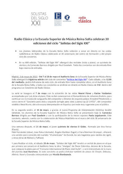 Radio Clásica y la Escuela Superior de Música Reina Sofía celebran 30 ediciones del ciclo “Solistas del Siglo XXI”