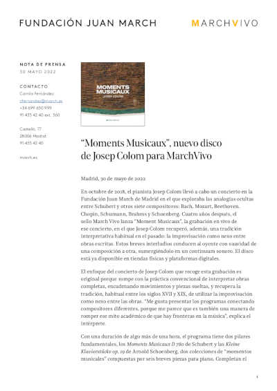“Moments Musicaux”, nuevo disco de Josep Colom para MarchVivo