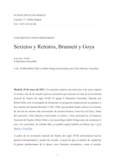 Sextetos y Retratos, Brunneti y Goya en los Conciertos Extraordinarios de la Fundación Juan March