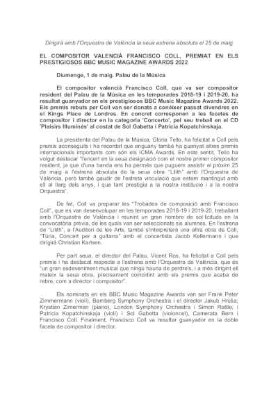 El compositor Francisco Coll, premiado en los prestigiosos BBC Music Magazine Awards 2022