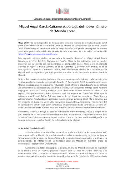 Miguel Ángel García Cañamero, portada del nuevo número de ‘Mundo Coral’