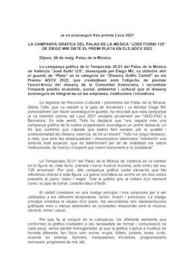 La campaña gráfica del Palau de la Música «José Iturbi 125», obtiene el Premio Plata en los ADCV 2022