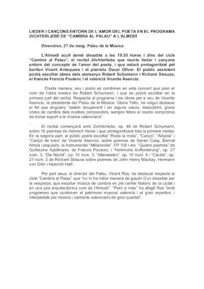 Lieder y canciones en torno al amor del poeta en el programa Dichterliebe en el Almudín