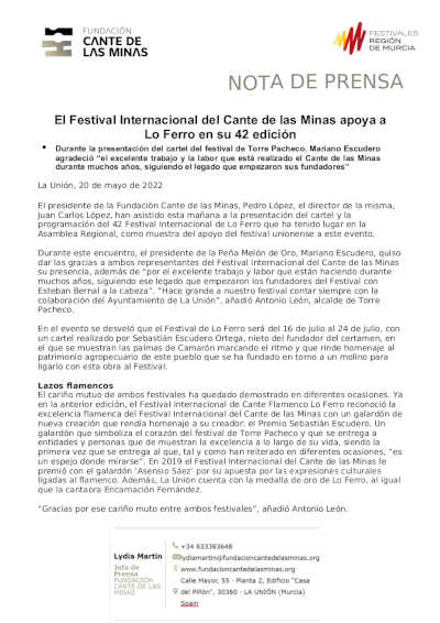 El Festival Internacional del Cante de las Minas apoya a Lo Ferro en su 42 edición