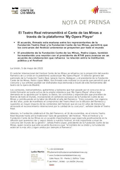 El Teatro Real retransmitirá el Cante de las Minas a través de la plataforma ‘My Opera Player’