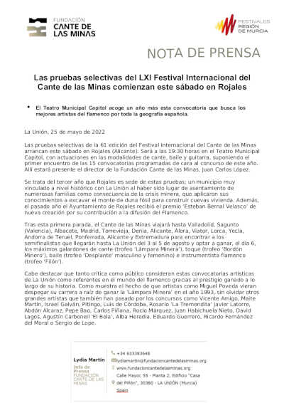 Las pruebas selectivas del LXI Festival Internacional del Cante de las Minas comienzan en Rojales