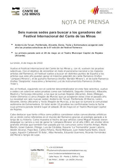 Seis nuevas sedes para buscar a los ganadores del Festival Internacional del Cante de las Minas Seis nuevas sedes para buscar a los ganadores del Festival Internacional del Cante de las Minas