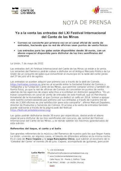 Ya a la venta las entradas del LXI Festival Internacional del Cante de las Minas