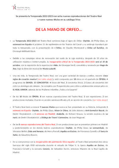 El Teatro Real de Madrid presenta su nueva Temporada 2022 – 2023
