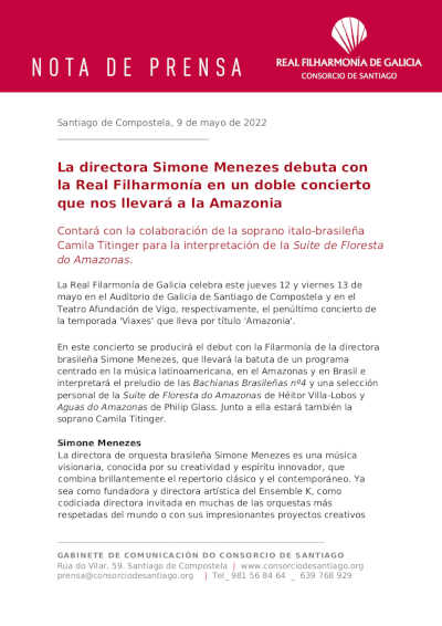 La directora Simone Menezes debuta con la Real Filharmonía en un doble concierto que nos llevara a la Amazonia La directora Simone Menezes debuta con la Real Filharmonía en un doble concierto que nos llevara a la Amazonia