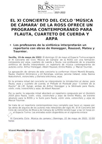 El XI concierto del ciclo «Música de Cámara» de la ROSS con programa para flauta, cuarteto de cuerda y arpa