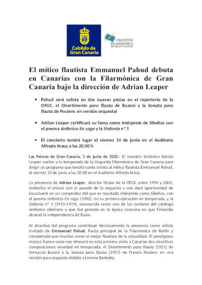 El mítico flautista Emmanuel Pahud debuta en Canarias con la Filarmónica de Gran Canaria