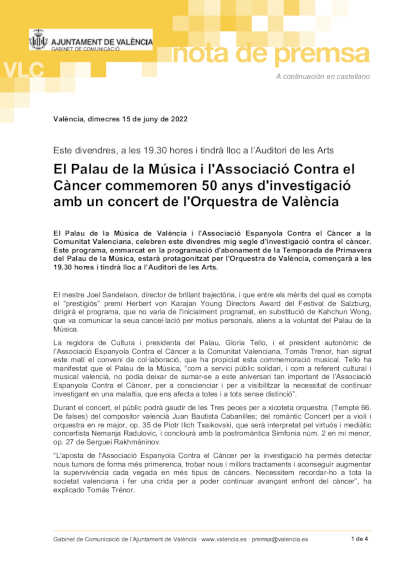El Palau de la Música y la Asociación Contra el Cáncer conmemoran 50 años de investigación