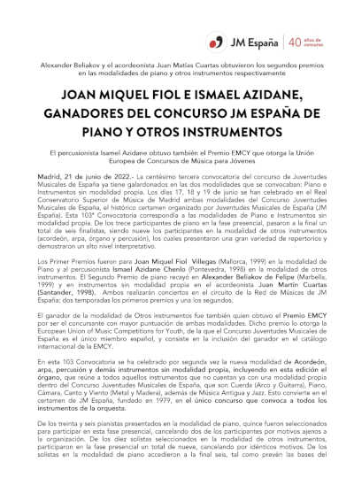 Joan Miquel Fiol e Ismael Azidane ganadores del Concurso JM España de Piano y Otros Instrumentos