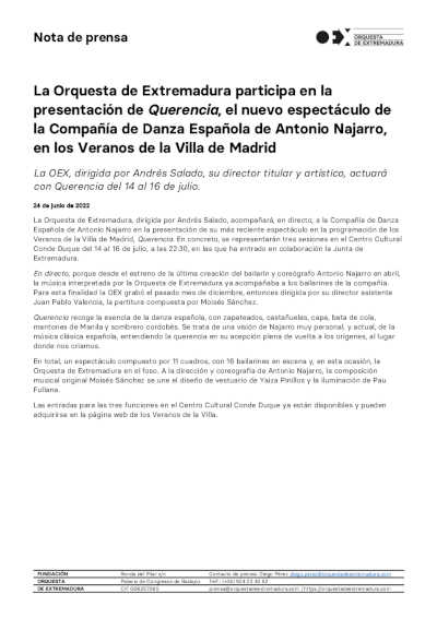La Orquesta de Extremadura participa en la presentación de Querencia, de la Compañía de Danza Española
