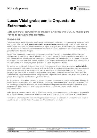Lucas Vidal, ganador de dos Premios Goya, graba con la Orquesta de Extremadura