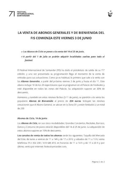 La venta de abonos generales y de bienvenida del Festival Internacional de Santander comienza esta semana