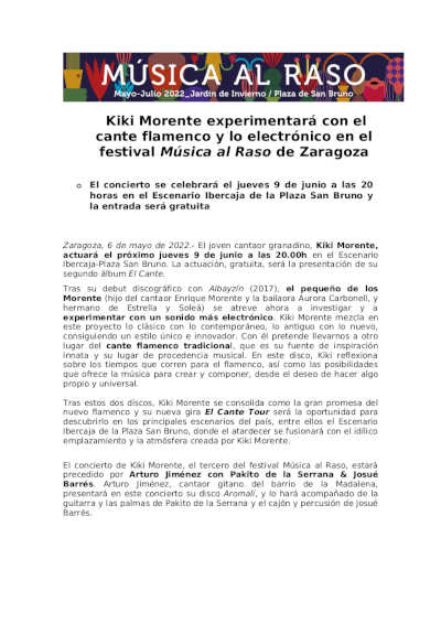 Kiki Morente experimentará con el cante flamenco y lo electrónico en el festival Música al Raso de Zaragoza