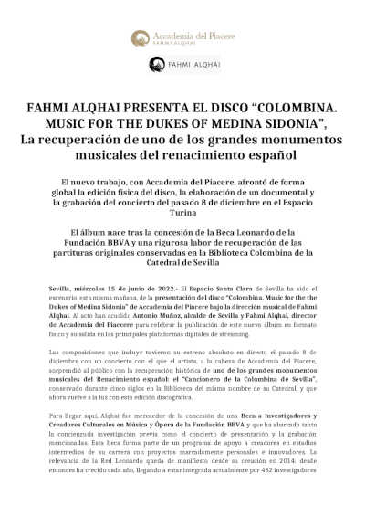 Fahmi Alqhai presenta el disco «Colombina. Music for the Dukes of Medina Sidonia»