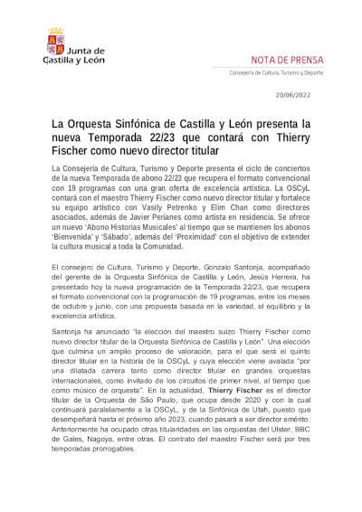 La Orquesta Sinfónica de Castilla y León presenta la nueva Temporada 22/23