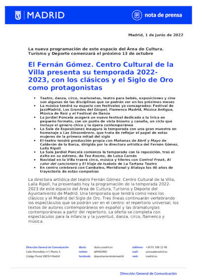 El Fernán Gómez Centro Cultural de la Villa presenta su temporada 2022-2023