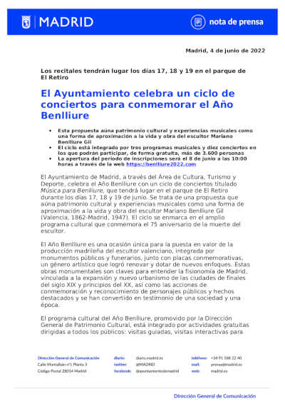 El Ayuntamiento de Madrid celebra un ciclo de conciertos para conmemorar el Año Benlliure