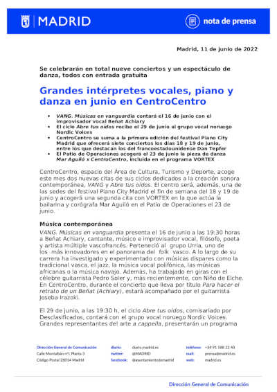 Grandes intérpretes vocales, piano y danza en junio en CentroCentro