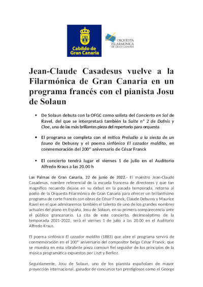 Jean-Claude Casadesus vuelve a la Filarmónica de Gran Canaria en un programa francés