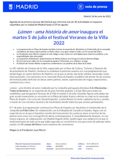 «Lúmen · una história de amor» inaugura el martes 5 de julio el Festival Veranos de la Villa 2022 