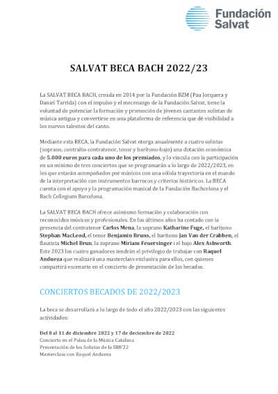 Últimos días para acceder a la convocatoria de Salvat Beca Bach de la Fundación Salvat