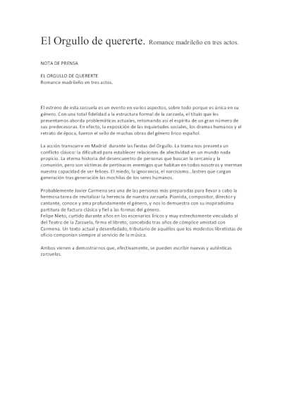 Teatros del Canal acoge el estreno de la zarzuela «El orgullo de quererte» en versión concierto