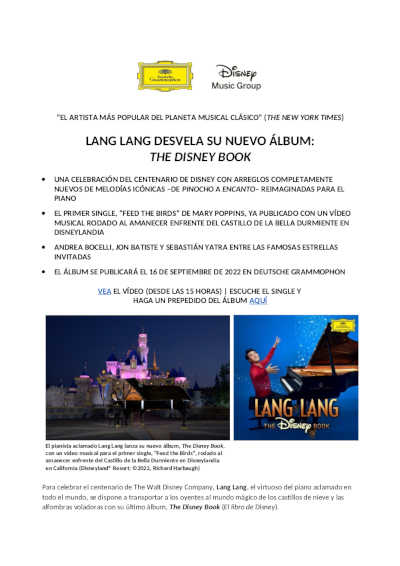 Lang Lang desvela su nuevo álbun «The Disney Book» como celebración del centenario de Walt Disney Company