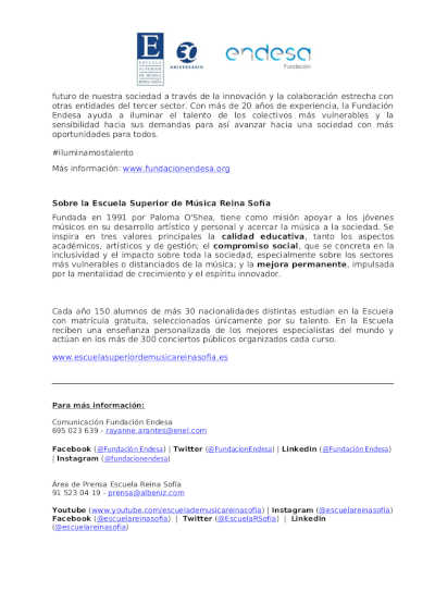 La Fundación Endesa y la Escuela de Música Reina Sofía ofrecen un concierto gratuito y abierto