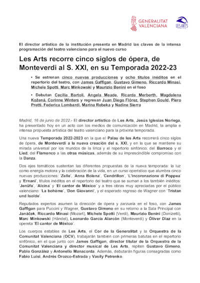 Les Arts recorre cinco siglos de ópera, de Monteverdi al s. XXI, en su próxima temporada