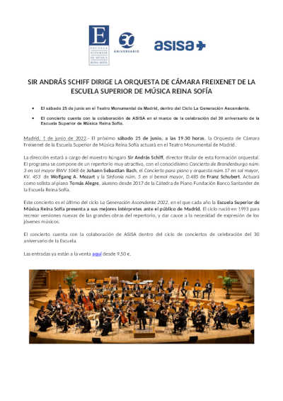 Sir András Schiff dirige la Orquesta de Cámara Freixenet de la Escuela Superior de Música Reina Sofía