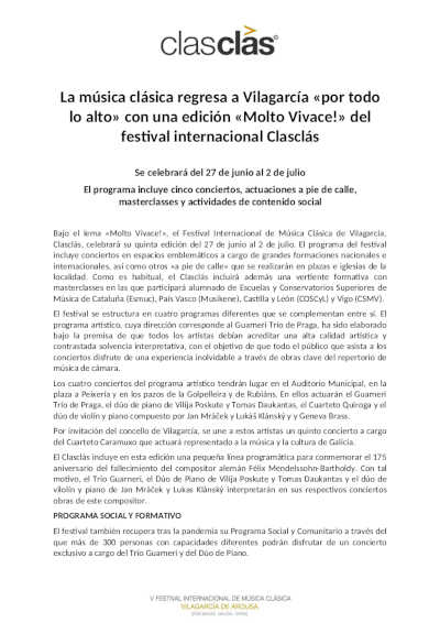 La música clásica regresa a Vilagarcía «por todo lo alto» con una edición «Molto Vivace!» del festival internacional Clasclás