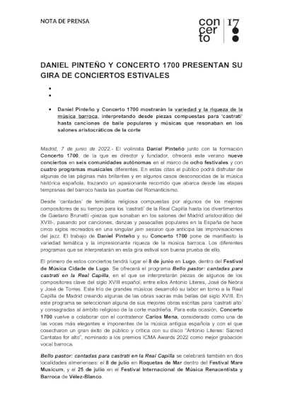 Daniel Pinteño y Concerto 1700 presentan su Gira de Conciertos Estivales