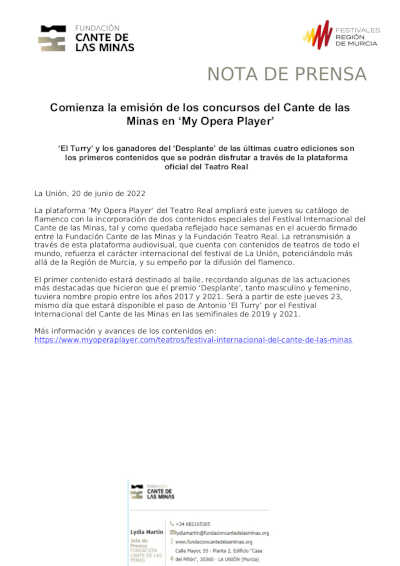 Comienza la emisión de los concursos del Cante de las Minas en ‘My Opera Player’