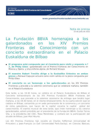 La Fundación BBVA homenajea a los galardonados en los XIV Premios Fronteras del Conocimiento La Fundación BBVA homenajea a los galardonados en los XIV Premios Fronteras del Conocimiento