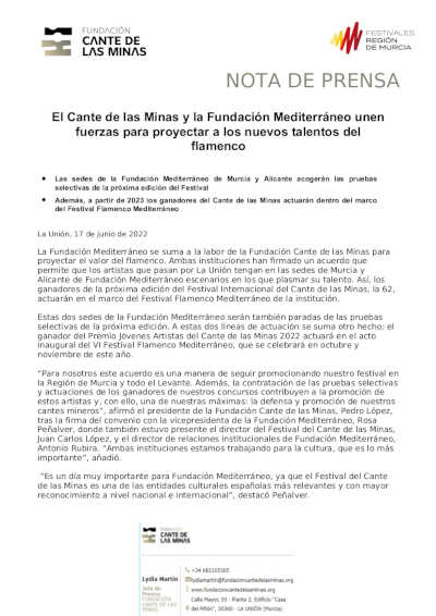 El Cante de las Minas y la Fundación Mediterráneo unen fuerzas para proyectar a los nuevos talentos del flamenco