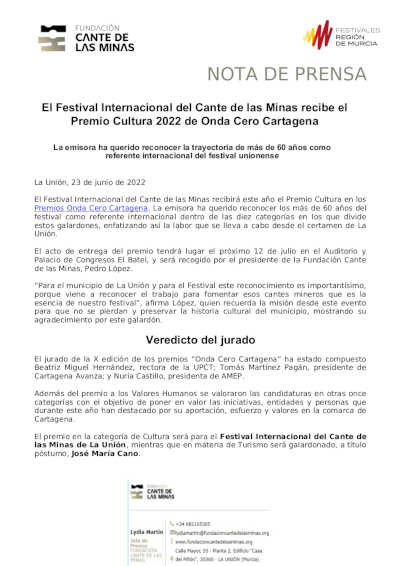 El Festival Internacional del Cante de las Minas recibe el Premio Cultura 2022 de Onda Cero Cartagena