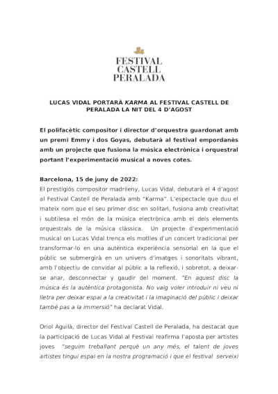 Lucas Vidal llevará «Karma» a la 36º edición del Festival Castell de Peralada