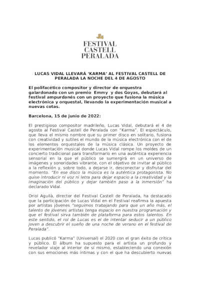 Lucas Vidal llevará «Karma» a la 36º edición del Festival Castell de Peralada