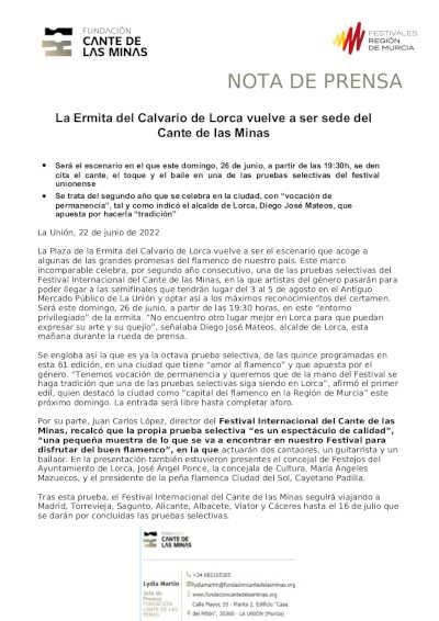 La Ermita del Calvario de Lorca y Hervás serán sedes del Cante de las Minas La Ermita del Calvario de Lorca y Hervás serán sedes del Cante de las Minas