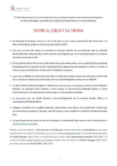 El Teatro Real presenta el oratorio escénico Juana de Arco en la hoguera