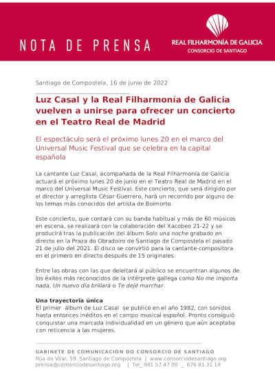 Luz Casal y la RFG vuelven a unirse para ofrecer un concierto en el Teatro Real de Madrid