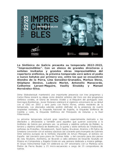 La Sinfónica de Galicia presenta su temporada 2022-2023, “Imprescindibles”