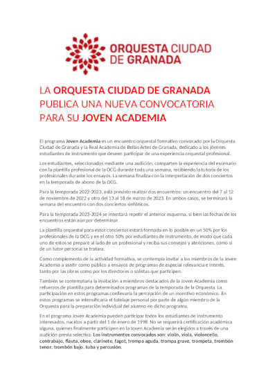 Nueva convocatoria para la Joven Academia de la Orquesta Ciudad de Granada Nueva convocatoria para la Joven Academia de la Orquesta Ciudad de Granada