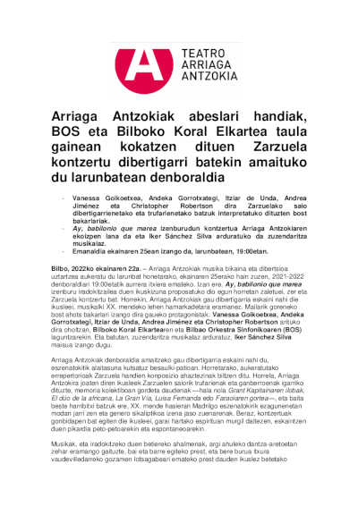El Teatro Arriaga cierra el sábado la temporada con un divertido concierto de Zarzuela