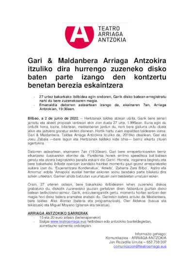Gari & Maldanbera vuelven al Teatro Arriaga para ofrecer un concierto muy especial